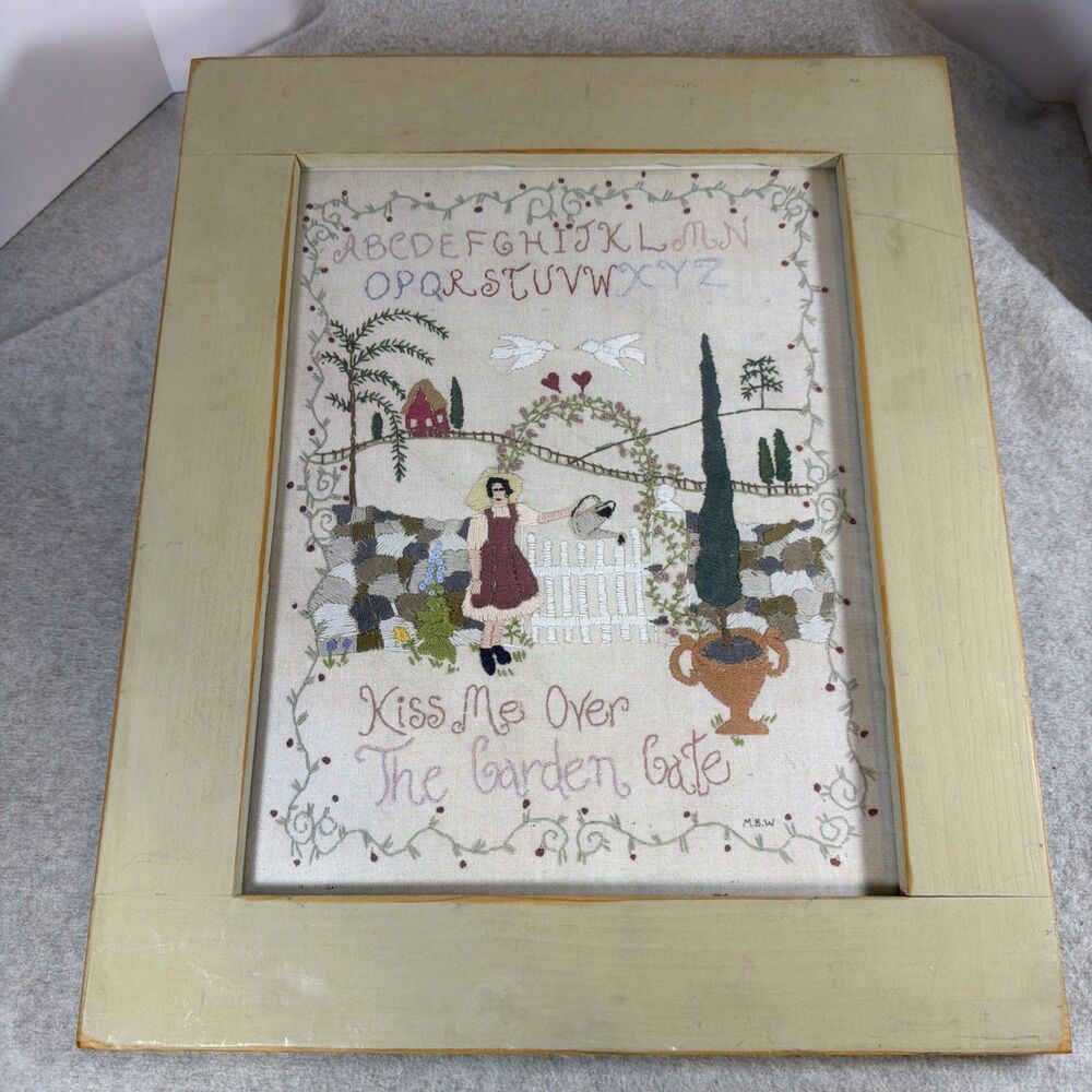 Vintage Spinnerin Crewel Needlepoint Sampler Finished Framed Cottagecore Folk Ar